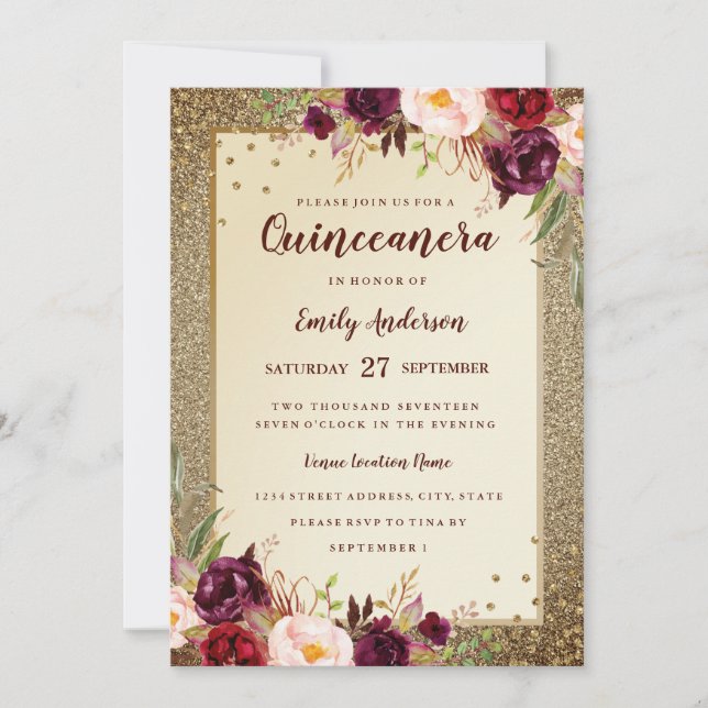 Invitation de Quinceanera doré à fleurs bordeaux (Devant)