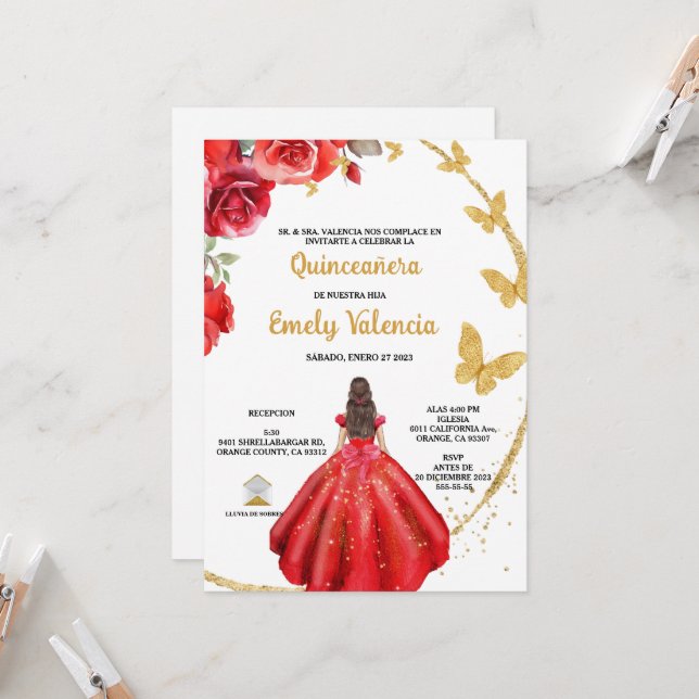 Invitation de quinceañera en espagnol (Devant/Arrière en situation)