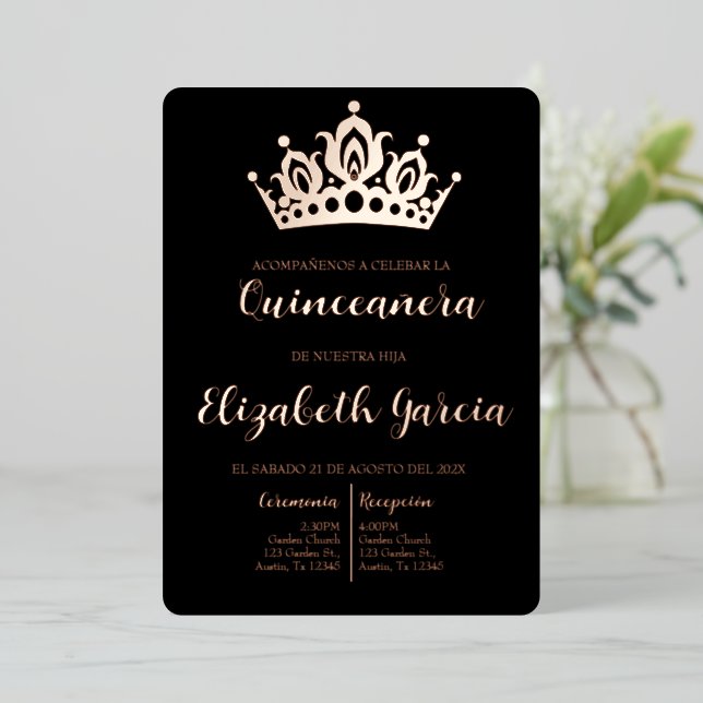 Invitation de quinceañera en or noir et rose (Debout devant)