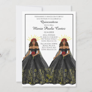 Invitation de Quinceanera Espagnol Noir et Or