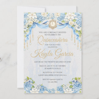 Invitation de Quinceañera Florale Bleu Poussiéreux