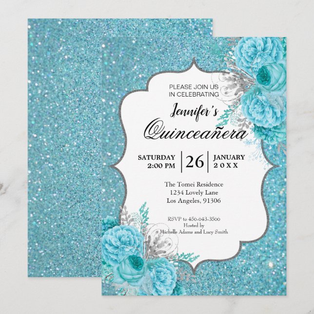 Invitation de Quinceanera Florale Bleue Pailletée (Devant / Derrière)