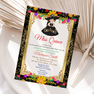 Invitation de Quinceañera Florale Colorée Or Noir