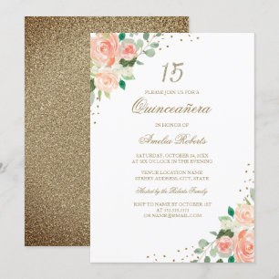 Invitation de Quinceañera Florale Rose Doré Pêche