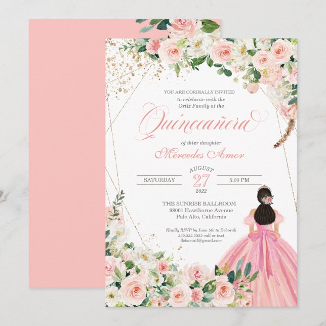 Invitation de Quinceanera florale rose et blanche (Devant / Derrière)