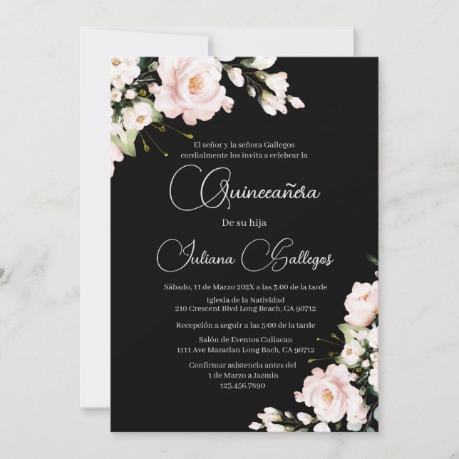 Invitation de Quinceanera Florale Rose Noir (Devant)