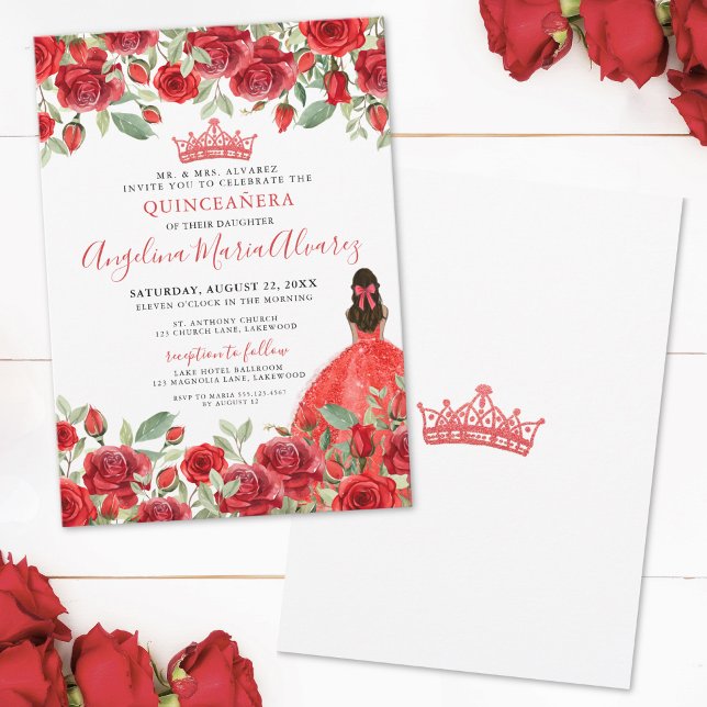Invitation de Quinceanera Florale Roses Rouges (Red Roses Floral Quinceanera Invitation)