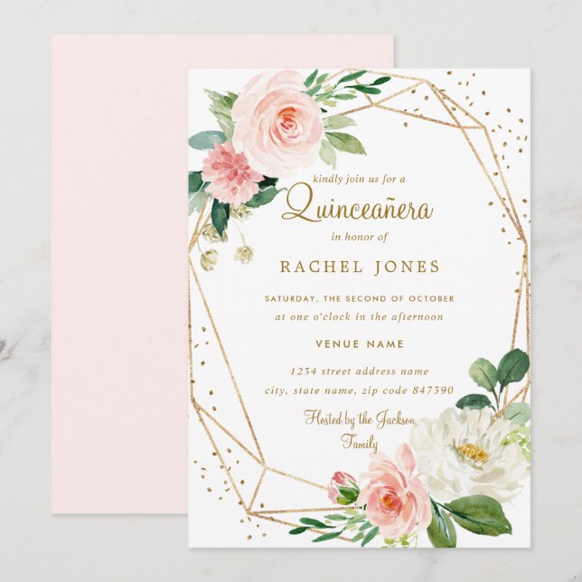 Invitation de Quinceanera géométrique florale d'or (Devant / Derrière)