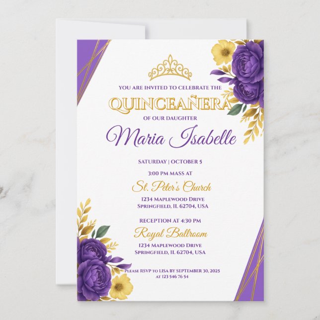 Invitation de Quinceañera Lavande & Or (Devant)
