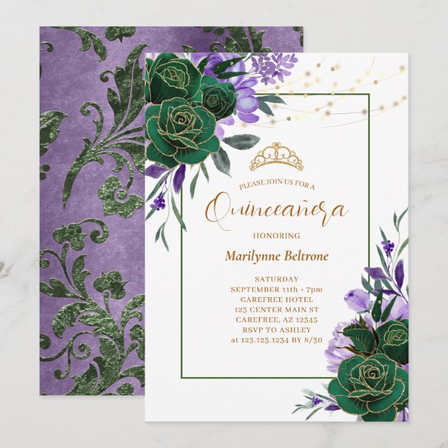 Invitation de Quinceañera or Floral violet (Devant / Derrière)
