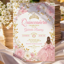 Invitation de Quinceañera papillon doré rose carmi