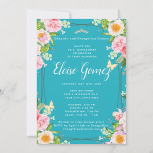 Invitation de Quinceanera, papillon floral turquoi