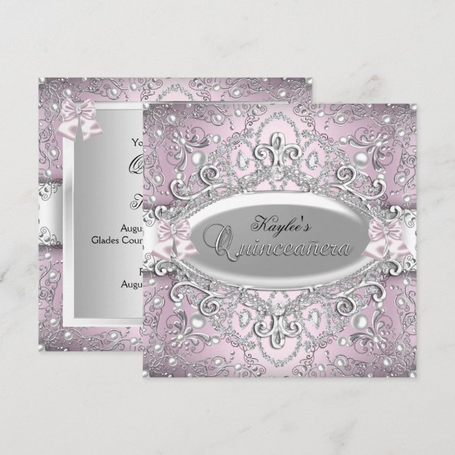 Invitation de Quinceanera Pearl Pearl en argent et (Devant / Derrière)