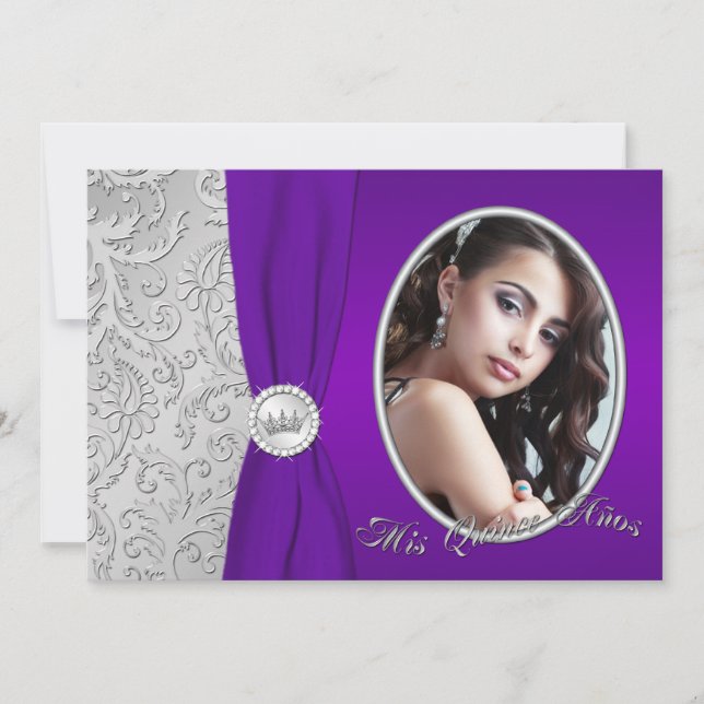 Invitation de Quinceanera, photo mauve et argent (Devant)
