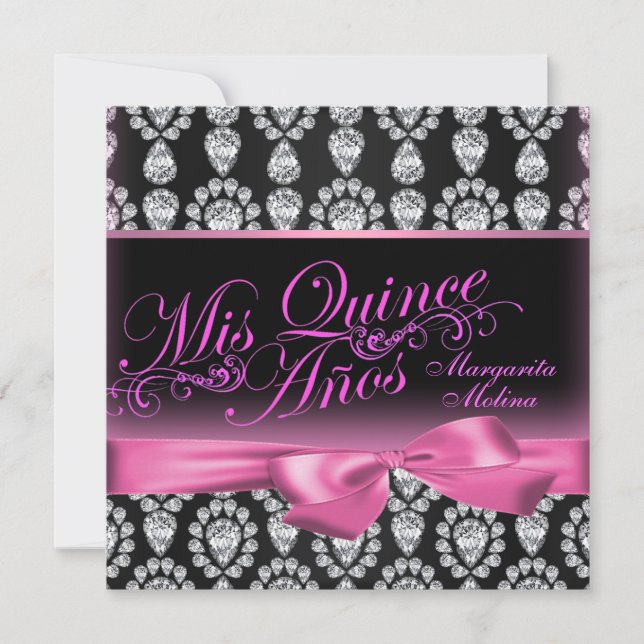 Invitation de Quinceanera rose/noir et diamant et  (Devant)