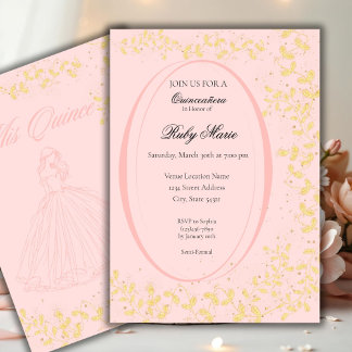 Invitation de Quinceañera Rose Poudré et Or Chic