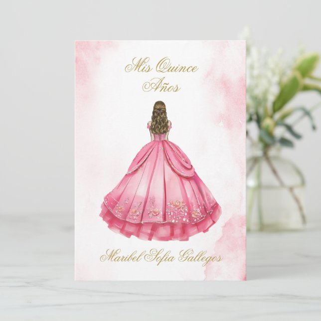 Invitation de quinceañera rose poussiéreuse en esp (Debout devant)