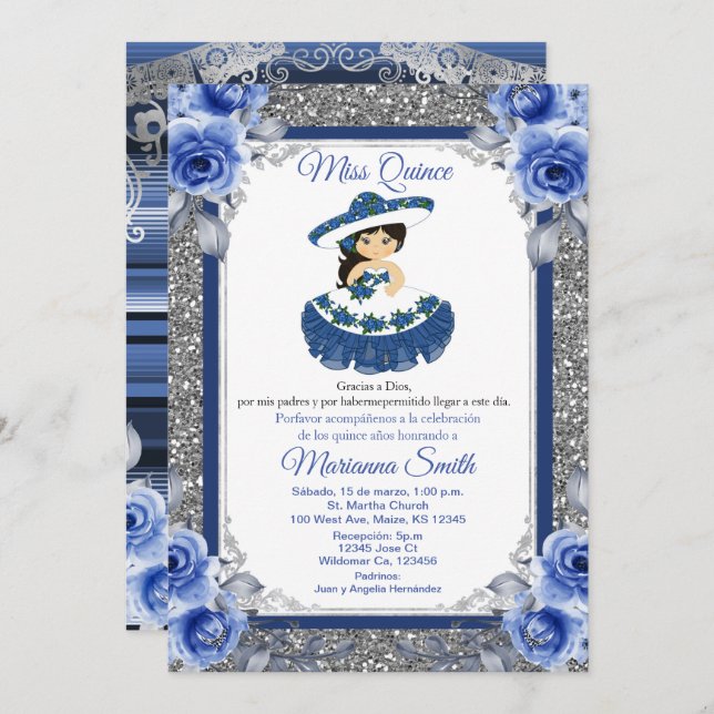 Invitation de Quinceañera, Rose royale bleue (Devant / Derrière)