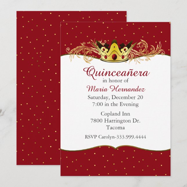 Invitation de Quinceañera rouge et or (Devant / Derrière)