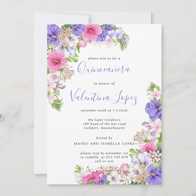 Invitation de Quinceanera Tropical Purple Pink (Devant)
