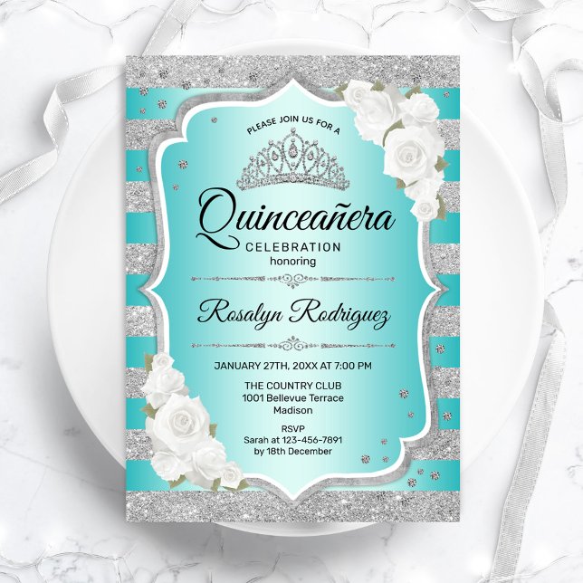 Invitation de Quinceanera Turquoise argenté (Créateur téléchargé)