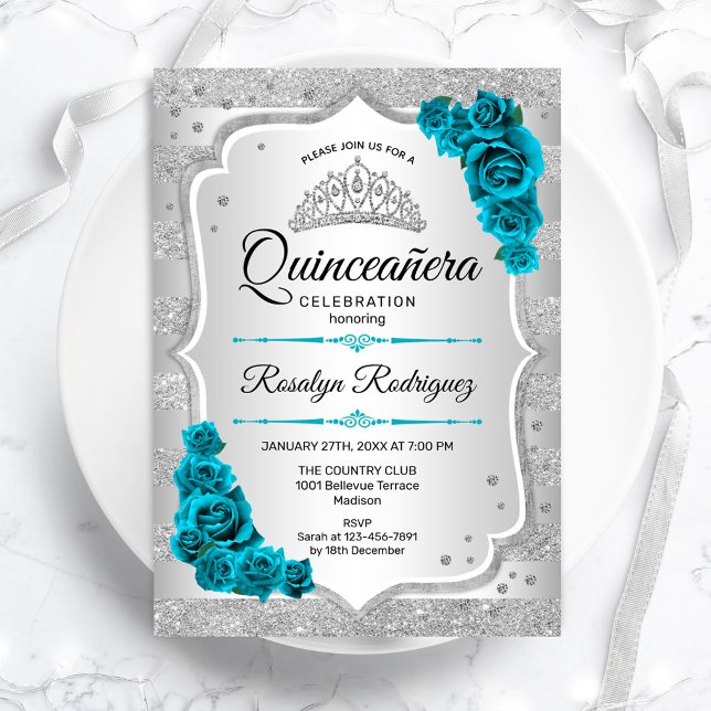Invitation de Quinceanera Turquoise en argent (Créateur téléchargé)