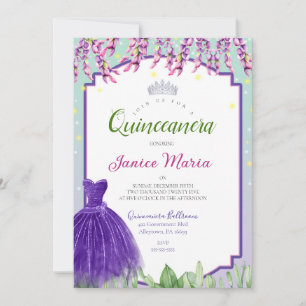 Invitation de Quinceañera violet, vert et rose