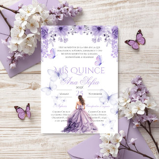 Invitation de quinceañera violette avec papillons