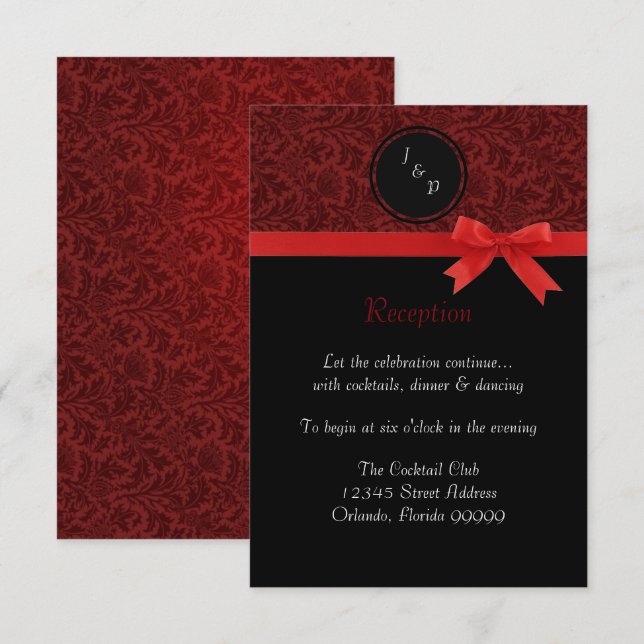 Invitation de réception - Damas rouge et nœud roug (Devant / Derrière)