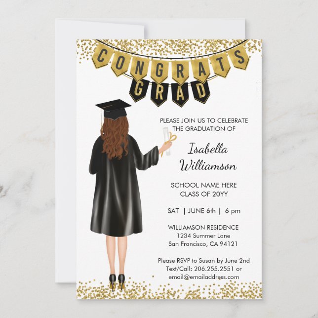 Invitation de remise de diplôme unique Cheveux bru (Devant)