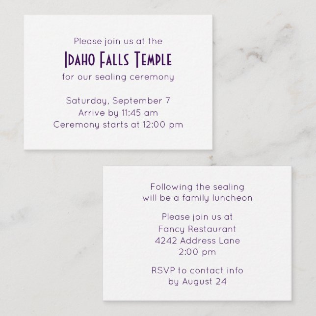 Invitation de repas et de scellement de Temple vio (Devant / Derrière)