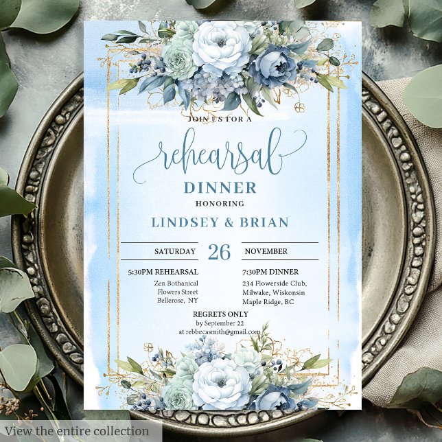 Invitation de répétition de cadre bleu doré de lux (Luxury Dusty Blue Gold Frame Rehearsal Invitation)