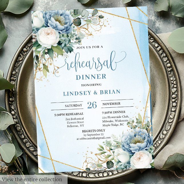 Invitation de répétition de cadre doré bleu modern (Modern Dusty Blue Gold Frame Rehearsal Invitation)