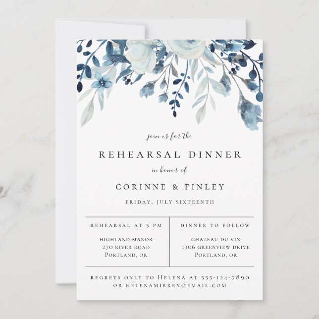 Invitation de répétition de mariage en fleurs bleu (Devant)