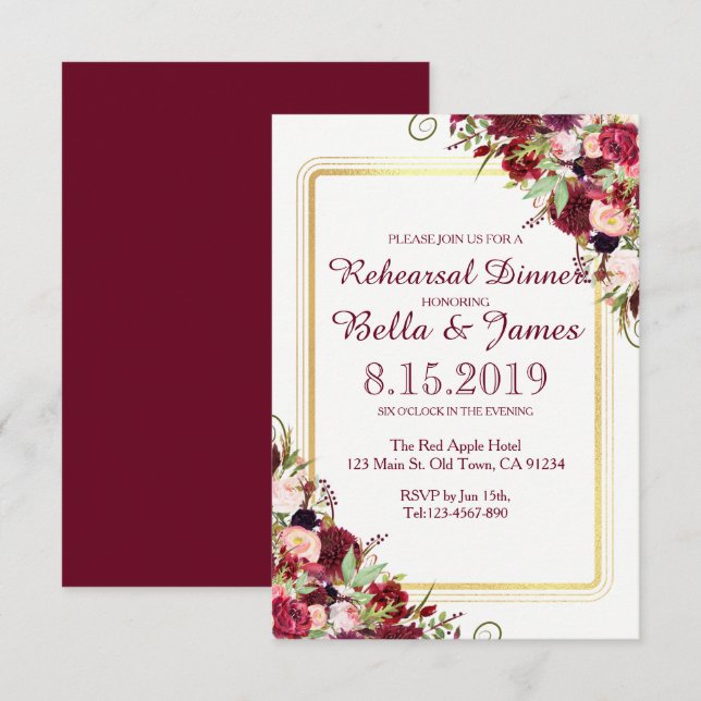 Invitation de répétition de mariage rouge burgundy (Devant / Derrière)