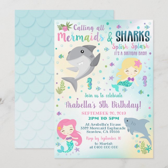 Invitation de requin de sirène Invitation de fille (Devant / Derrière)