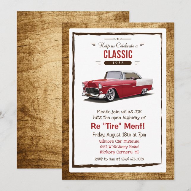 Invitation de retraite rétro de voiture classique (Devant / Derrière)