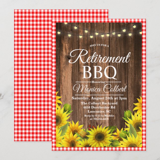Invitation de retraite rustique BBQ tournesol (Devant / Derrière)