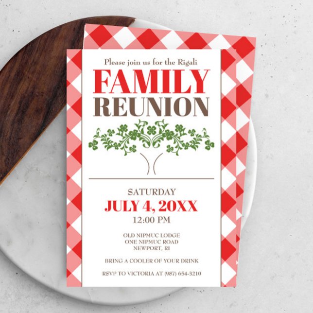 Invitation de réunion de famille, nappe de chèques (Family reunion invitations features red gingham print with family tree. )