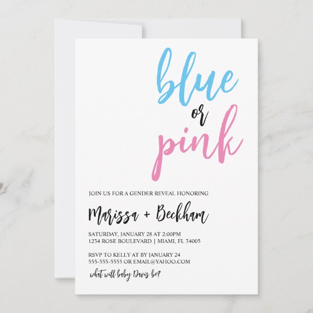Invitation de révélation de genre bleu ou rose (Devant)