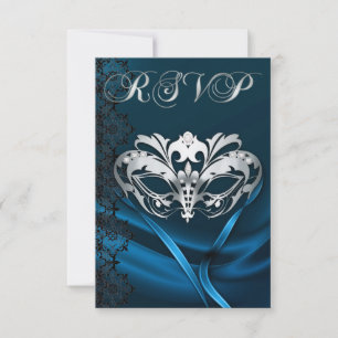 Invitation de RSVP bijou bleu Masquerade argenté