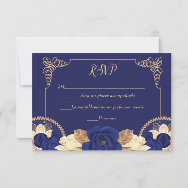Invitation de RSVP Charro, en bleu marine et en or (Devant)