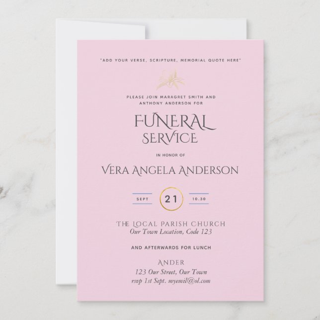 Invitation de service funéraire rose avec versets (Devant)