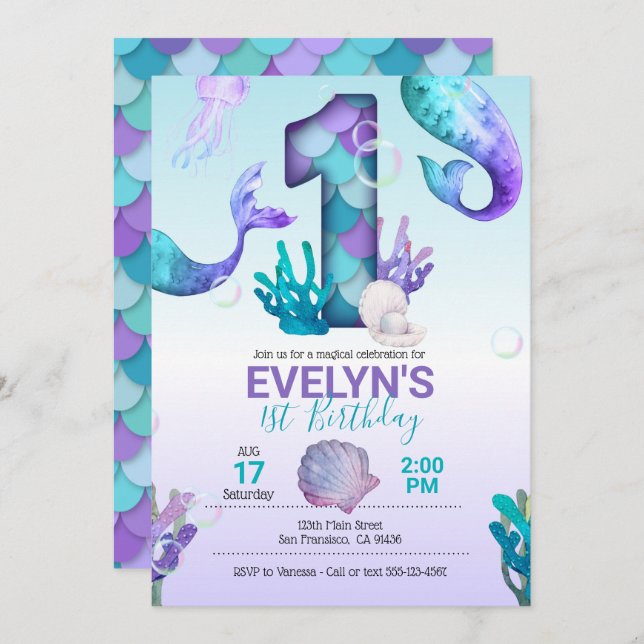 Invitation de sirène avec Queue de sirène (Devant / Derrière)