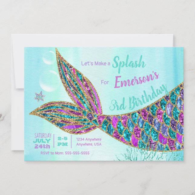 Invitation de sirène de parties scintillantes, (Devant)