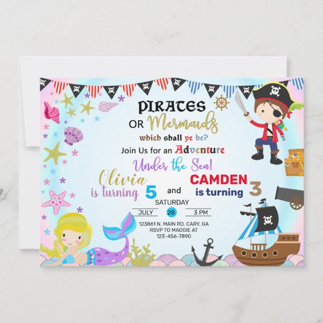 Invitation de sirène et de frères et soeurs pirate (Devant)