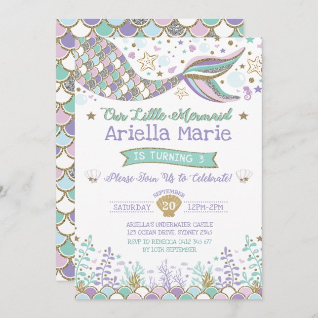 Invitation de sirène sous la fête d'anniversaire (Devant / Derrière)