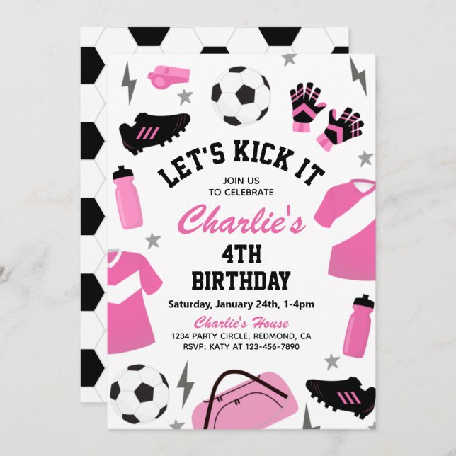 Invitation de soccer rose | Invitations de soccer (Devant / Derrière)