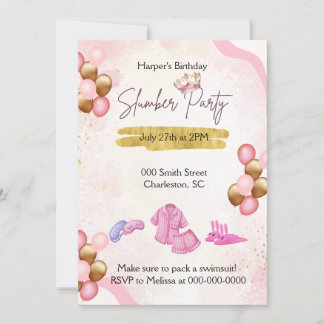 Invitation de soirée pyjama rose et or