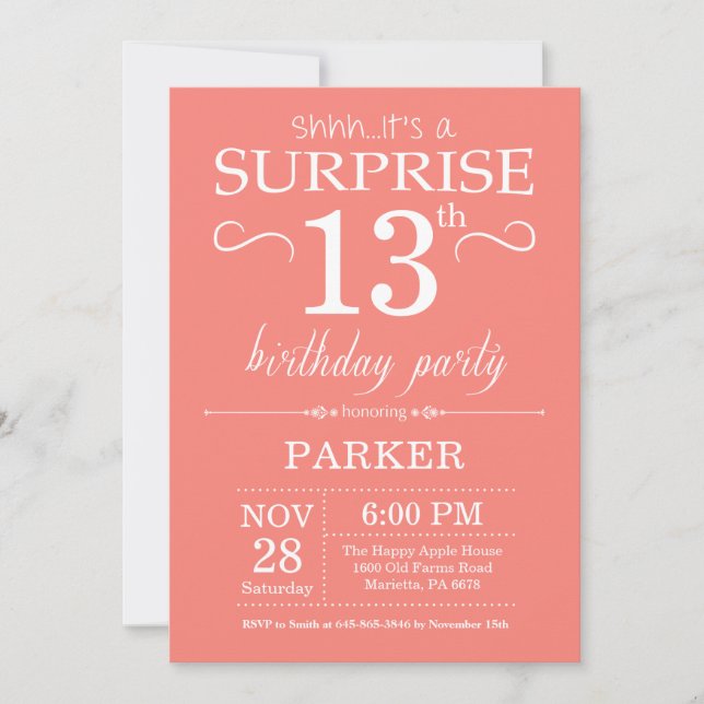 Invitation de surprise 13e anniversaire Coral (Devant)